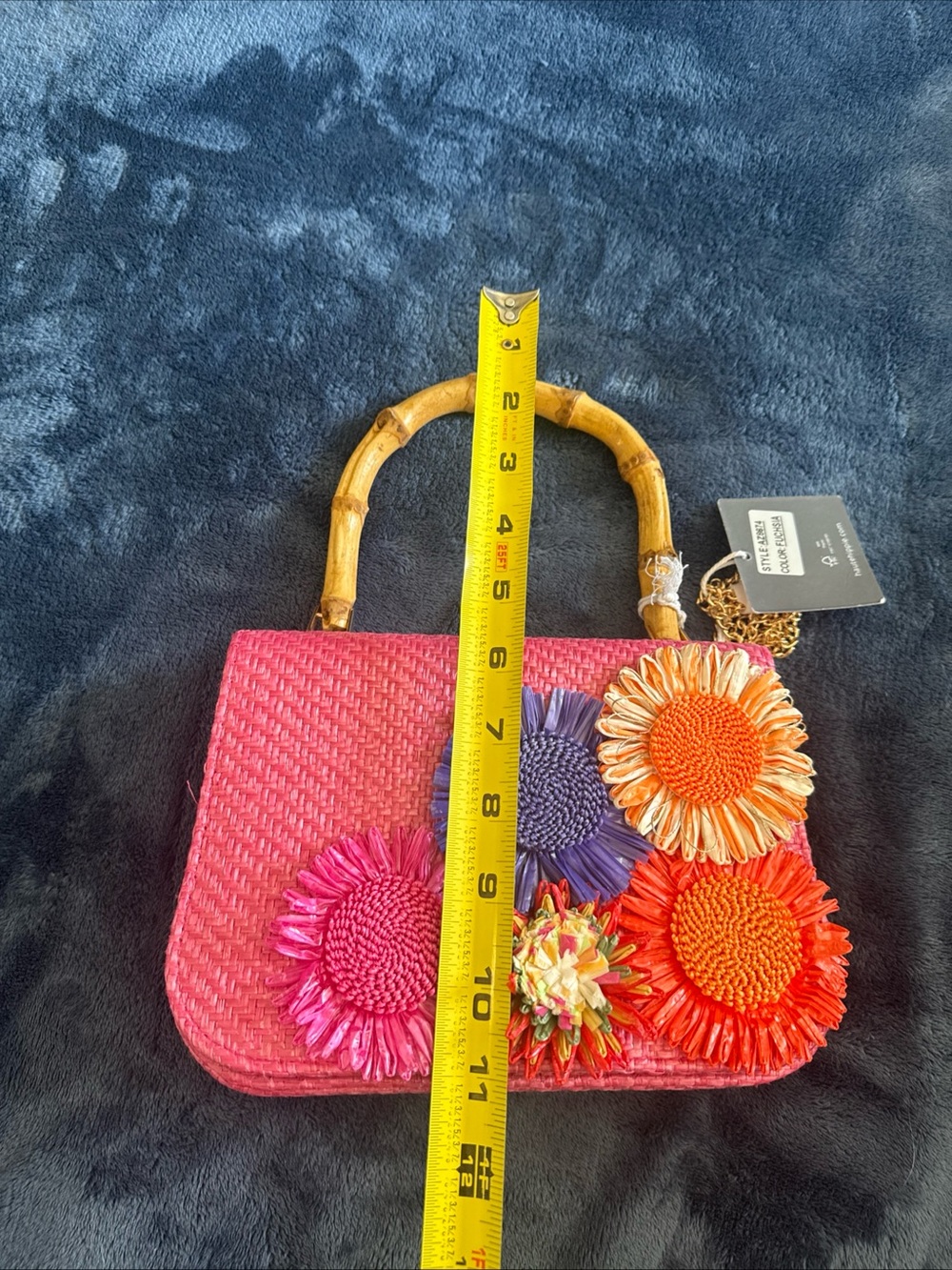 New Haute Hippie Straw Flowers Bamboo Handle Purse Shoulder Crossbody Chain NWT - Picture 14 of 16